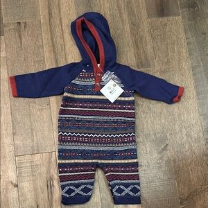 New Cozy Knit Hooded One Piece - Navy and Red size 60 (3-6 months)